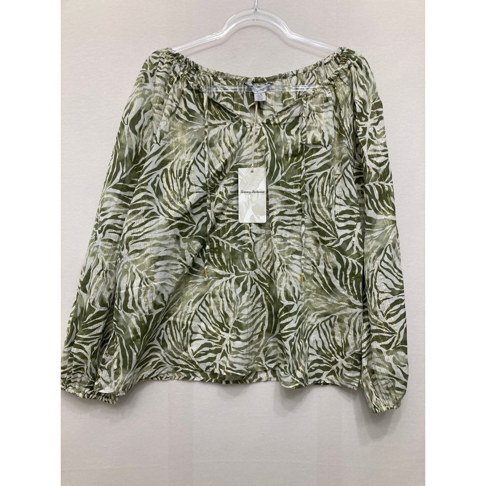 New Tommy Bahama Blouse Large Green Tropical Gold Metallic Stripe Vacation